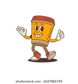 Mascote energético da xícara de café em tênis dançando alegremente enquanto mostra OK e polegares para cima gestos. Adequado para marca de café, mídia social ou embalagem de produtos. Ilustração vetorial