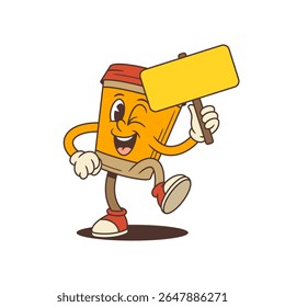 Mascote de café energético com um sorriso arrojado e sinal em branco pronto para qualquer mensagem promocional. Ótimo para marca de café, anúncios sociais, designs de menus e embalagem. Ilustração vetorial totalmente editável