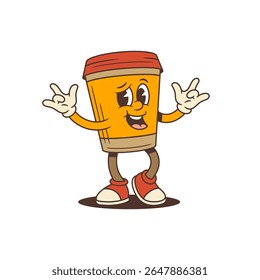Energetic coffee mascot throwing double ILY signs with confidence and charm. Perfect choice for cafe branding, social campaigns, packaging, and digital content. Positive vibe and vintage feel