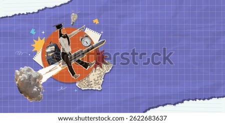 An energetic collage illustrating the Back to school theme, depicting a motivational learning journey with rockets and backpacks.