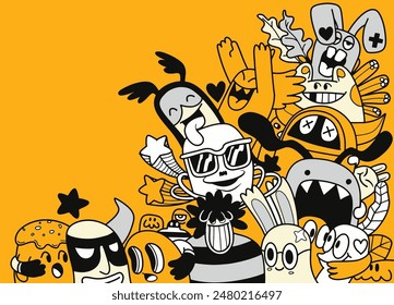 An energetic collection of cartoon doodle characters in varied colors set against a vibrant yellow background, showcasing playful and creative designs.
