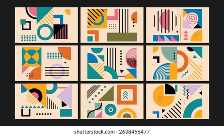 Energetic and colorful Memphis style artwork with playful shapes and vibrant color combinations. Great for creative projects and digital aesthetics.