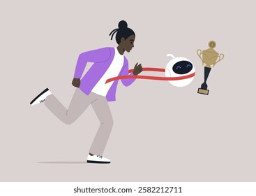Energetic competitors sprint forward, showcasing the synergy of human skill and robotic efficiency during an intense competition for the championship trophy