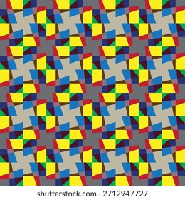 Uma composição energética de sobreposição de blocos angulares azuis, amarelos, vermelhos e verdes formando uma grade abstrata viva e altamente rítmica