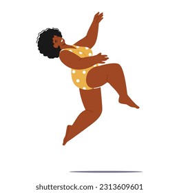 Energetic, Confident And Joyful, A Plump Female Character In A Swimsuit Defies Societal Norms By Happily Jumping, Radiating Body Positivity And Embracing Her Curves. Cartoon People Vector Illustration