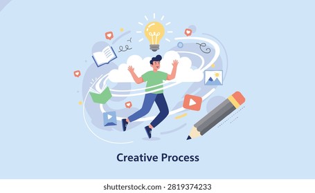 Energetic creative designer floating amidst flying ideas, books, pencils, and videos during his creative process.