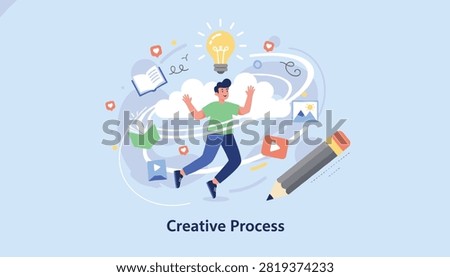 Energetic creative designer floating amidst flying ideas, books, pencils, and videos during his creative process.