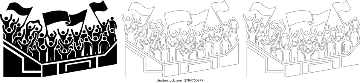 Energetic crowd of fans in stadium stands, waving flags and cheering, people celebrating, sports event, enthusiastic spectators, live game, vector illustration, flat design, concert attendance.