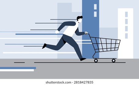 Energetic customer running at high speed with empty shopping cart against blurred city skyline background.