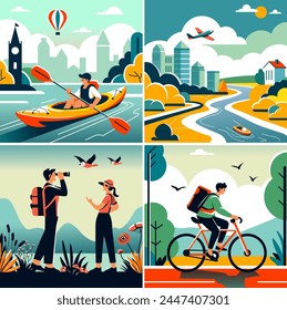 Energetic cycling outdoors, flat design vector illustration, depicting an active lifestyle and eco-friendly transportation choice.