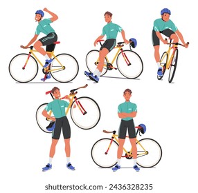 Enérgico personaje ciclista pedalea su bicicleta, celebra la victoria con el gesto de puño arriba, sostiene la bicicleta en el hombro, relájate y párate cerca con los brazos cruzados. Ilustración vectorial de personas de dibujos animados