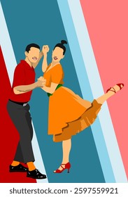 Energetic dancers performing lindy hop or swing, enjoying a lively moment together , Hand drawn Illustration