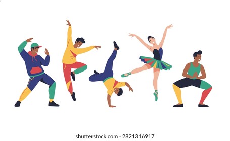 Energetic dancers representing diverse styles including ballet, breakdance, hip hop, and contemporary dance on a white background.