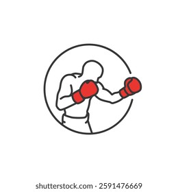 Energetic depiction of a boxer in action, poised and ready with red gloves within a simple circle. The icon captures the dynamism and determination characteristic of the sport.