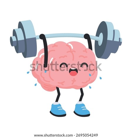 An energetic and determined cartoon brain character is depicted seriously lifting heavy dumbbells in a gym or training environment