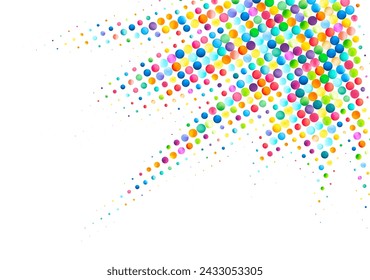 An energetic diagonal array of multicolored dots cascades across a bright white background, creating a sense of movement and playfulness.