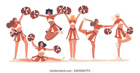 Energetic And Diverse Female Cheerleaders Performing At Sports Event. Vector Image Depicts Girls In Dynamic Poses