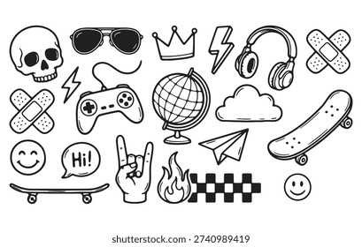 energetic doodle art illustration featuring a collage of iconic pop culture and youthful symbols, rendered in a clean, hand-drawn, line-art style with thick, black outlines and minimal shading.