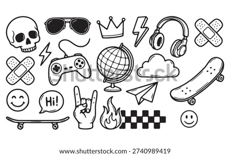 energetic doodle art illustration featuring a collage of iconic pop culture and youthful symbols, rendered in a clean, hand-drawn, line-art style with thick, black outlines and minimal shading.