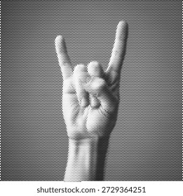 Um padrão de pontos energético ilustração de uma mão fazendo o sinal de rock and roll ou cornos do diabo. Este design cultural representa a energia da música ao vivo, a rebelião da juventude e o espírito do festival. Perfeito para panfletos de shows de rock, mercadorias da banda e cartazes de eventos noturnos. A textura de meio-tom simula uma atmosfera de palco arenosa. Gráfico vetorial escalável para imagens icônicas e de alto impacto no setor de entretenimento.