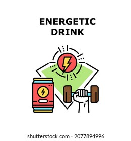 Energetic Drink Vector Icon Concept. Sportsman Drinking Energetic Drink For Getting Energy And Training Exercise With Dumbbell In Gym. Athlete Drink Metallic Package Color Illustration
