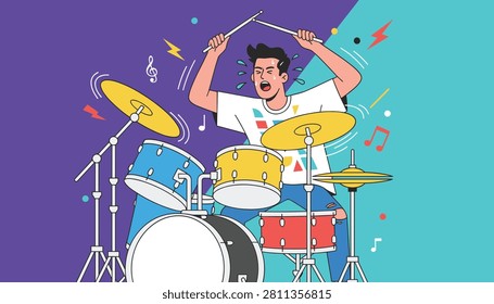 Energetic drummer playing on a blue and yellow drum kit with passion and sweat against a split colored background.