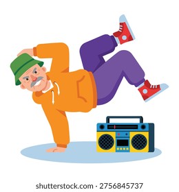 An energetic elderly man in a hat and hoodie breakdancing next to a vintage boombox.