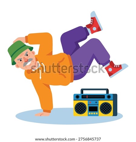 An energetic elderly man in a hat and hoodie breakdancing next to a vintage boombox.