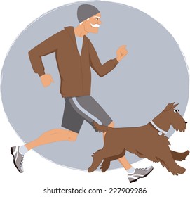 Energetico anciano trotando con su perro de Airedale terrier, ilustración vectorial