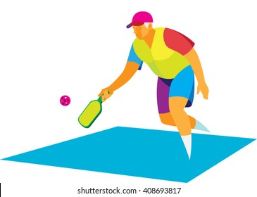 Energetic elderly man playing on a court with a racket and ball