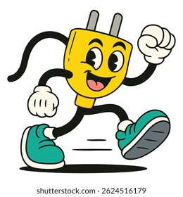 Energetic electric plug cartoon character smiling while running at full speed, full of positivity and momentum, great for green energy, electricity branding, or power saving campaigns.