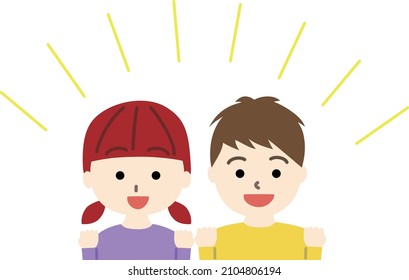 Energetic elementary school boy and girl are doing guts poses