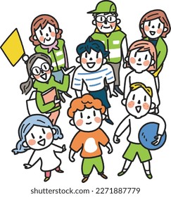 Energetic elementary school students and traffic instructors and teachers with traffic flags in hands watching over them Set illustration material			
