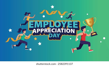 An energetic Employee Appreciation Day banner featuring employees running towards success with a golden trophy, symbolizing hard work, dedication, and achievement.