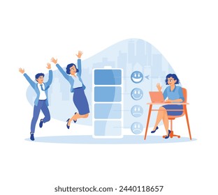Energetic employee working at the computer. A mentally healthy person with a good mood. Stress concept. Flat vector illustration.
