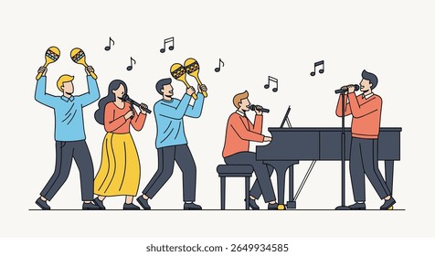 Energetic ensemble plays music together celebrating a live performance on stage