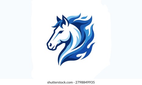 Energetic equine mascot using blue fire for speed and power imagery.