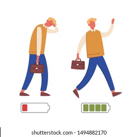 Energetic and exhausted workers vector illustrations set. Happy and unhappy male employee and battery charge indicator. Active and tired boys flat characters. Cartoon clerks and life energy indication