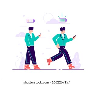 Energetic and exhausted workers vector illustrations set. Happy and unhappy male employee and battery charge indicator. Active and tired boys flat characters. Cartoon clerks and life energy indicati