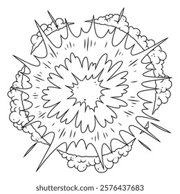 An energetic explosion radiates with sharp bursts and puffs of smoke. The chaotic design features jagged lines and swirling clouds symbolizing movement and intensity.