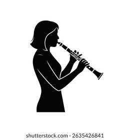Energetic Female Clarinetist Playing Dynamic Clarinet Notes on Bright White Studio