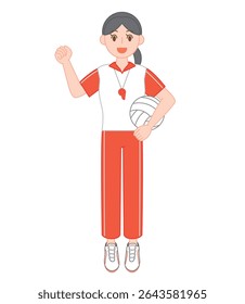 Energetic Female PE Teacher Holding a Volleyball