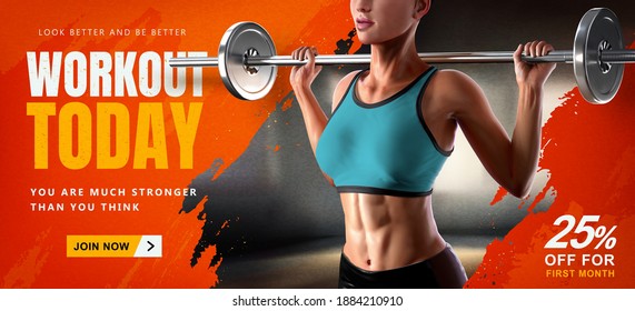 Energetic Fitness Training Banner Ad. 3d Illustration Of Athletic Woman Doing Barbell Squat Designed With Blurred Gym Scene And Orange Brush Stroke In The Background.