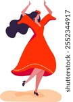 Energetic flamenco dancer in vibrant red dress and flower, gracefully moving arms and tapping feet, expressing passion and artistry through traditional spanish dance