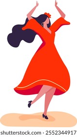 Energetic flamenco dancer in vibrant red dress and flower, gracefully moving arms and tapping feet, expressing passion and artistry through traditional spanish dance