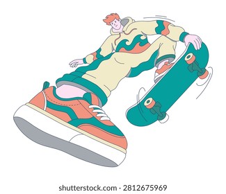 Energetic flat design illustration of a vibrant young person performing an impressive skateboarding trick mid-air, capturing the spirit of urban street sports and an active, dynamic lifestyle