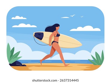 Energetic flat vector illustration of a woman running on a summer beach with her surfboard. Perfect for healthy lifestyle, surfing, and outdoor sports themes	