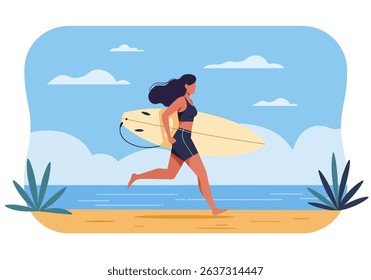 Energetic flat vector illustration of a woman running on a summer beach with her surfboard. Perfect for healthy lifestyle, surfing, and outdoor sports themes	
