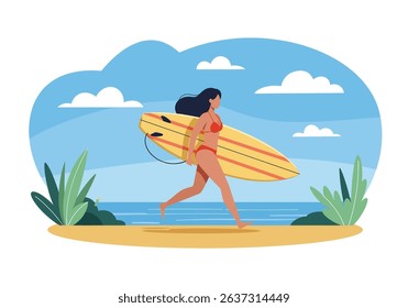 Energetic flat vector illustration of a woman running on a summer beach with her surfboard. Perfect for healthy lifestyle, surfing, and outdoor sports themes	