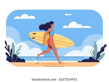 Energetic flat vector illustration of a woman running on a summer beach with her surfboard. Perfect for healthy lifestyle, surfing, and outdoor sports themes	